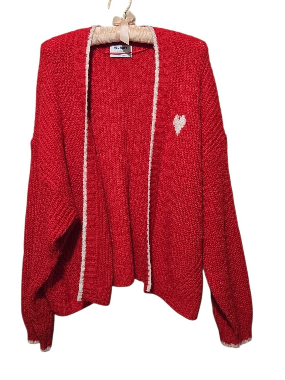 Old Navy Red Heart Cardigan Sweater Large Ribbed Open Front White Trim Valentine